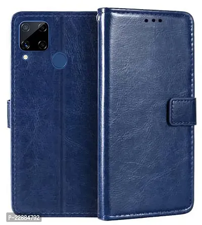 COVERNEW Leather Finish Inside TPU Wallet Stand Magnetic Closure Flip Cover for Realme C15 Qualcomm Edition - Navy Blue-thumb0