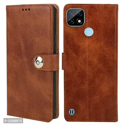 COVERNEW Oppo RMX3265   Realme C25Y Flip Cover   Full Body Protection   Inside Pockets  Stand   Wallet Button Magnetic Closure Book Cover Leather Flip Case for Oppo Realme C25Y -Brown