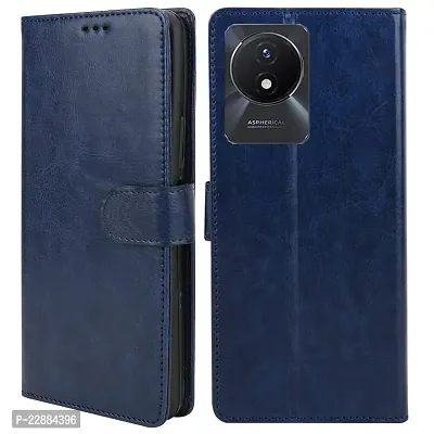 COVERNEW Mobile Cover Leather Finish Inside TPU Wallet Stand Magnetic Closure Flip Cover for Vivo Y02 - Navy Blue-thumb0