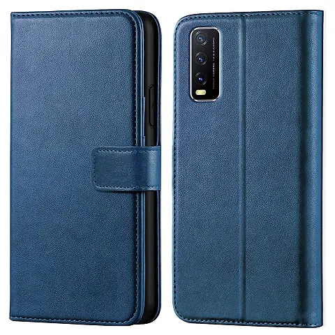 Cloudza Vivo Y12s Flip Back Cover | PU Leather Flip Cover Wallet Case with TPU Silicone Case Back Cover for Vivo Y12s Blue
