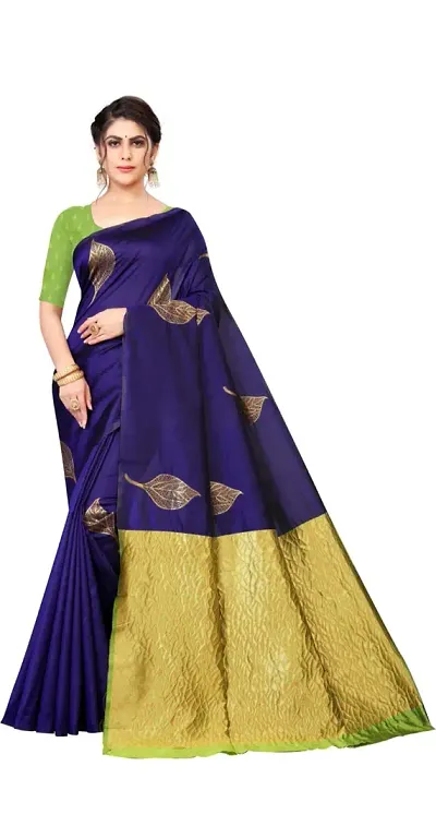 Bhagvati Women's Nevy Blue Color Soft Lichi Silk Patta Floral Desing Jacquard Saree