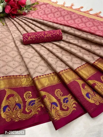 Beautiful Cream Cotton Silk Zari Saree With Blouse Piece For Women