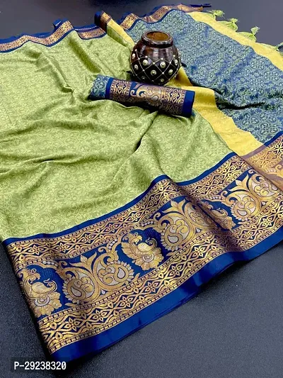 Beautiful Green Cotton Silk Zari Saree With Blouse Piece For Women