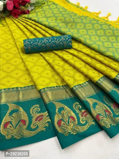 Beautiful Yellow Cotton Silk Zari Saree With Blouse Piece For Women