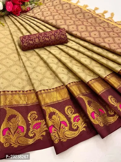 Beautiful Beige Cotton Silk Zari Saree With Blouse Piece For Women-thumb0