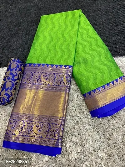 Beautiful Green Cotton Silk Zari Saree With Blouse Piece For Women