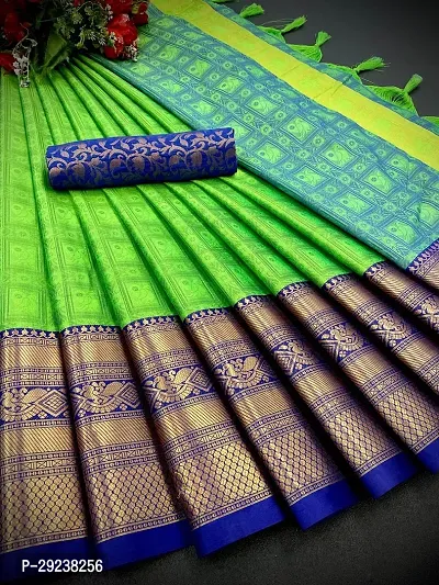 Beautiful Green Cotton Silk Zari Saree With Blouse Piece For Women-thumb0