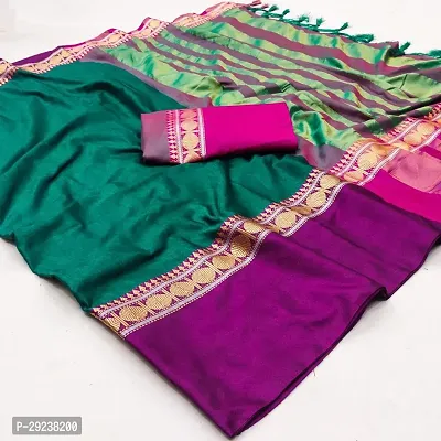 Beautiful Green Cotton Silk Zari Saree With Blouse Piece For Women