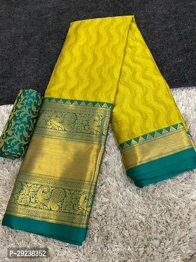 Beautiful Yellow Cotton Silk Zari Saree With Blouse Piece For Women