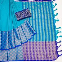 Beautiful Blue Cotton Silk Zari Saree With Blouse Piece For Women-thumb1