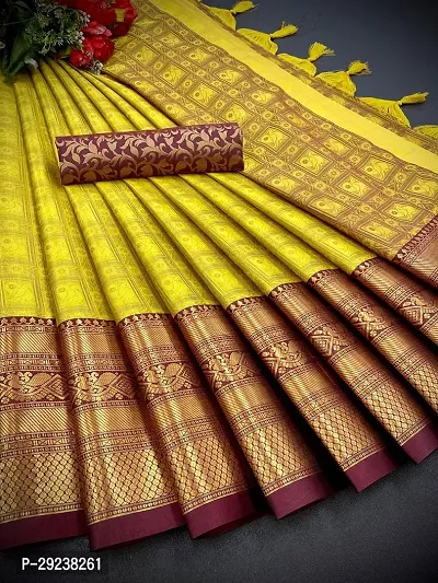 Beautiful Yellow Cotton Silk Zari Saree With Blouse Piece For Women