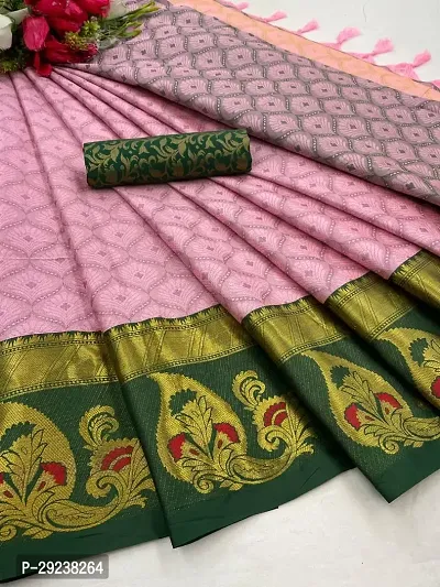 Beautiful Pink Cotton Silk Zari Saree With Blouse Piece For Women