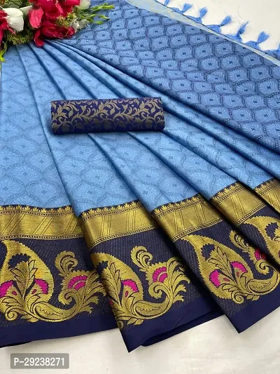 Beautiful Blue Cotton Silk Zari Saree With Blouse Piece For Women-thumb0