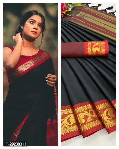 Beautiful Black Cotton Silk Zari Saree With Blouse Piece For Women-thumb4