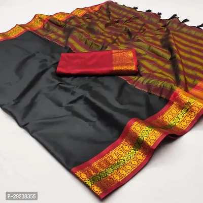 Beautiful Black Cotton Silk Zari Saree With Blouse Piece For Women