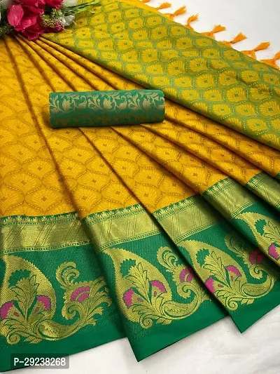 Beautiful Yellow Cotton Silk Zari Saree With Blouse Piece For Women