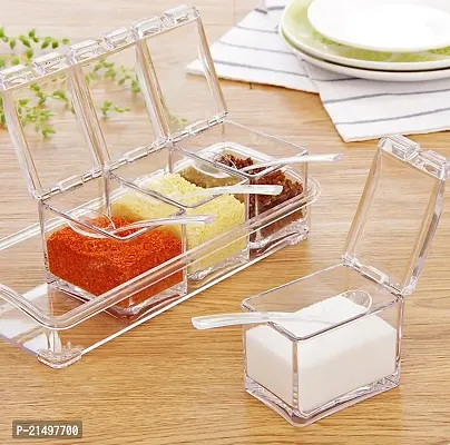 4square Crystal Seasoning Acrylic Box Pepper Salt Spice Rack Plastic 4 Box with Spoons Kitchen See Through Storage Containers Cooking Tools