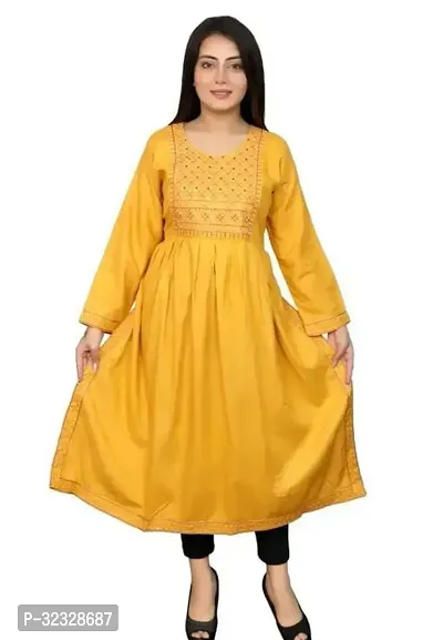 Elegant Yellow Rayon Embroidered Kurta For Women-thumb0