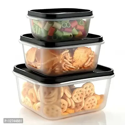 HOLLIO Air Tight Unbreakable Rectangular Shape Kitchen Storage Grocery Container, Food Storage Container, Freezer Storage Containers Set of 3 (700ml, 1400ml, 2400ml) (Black)