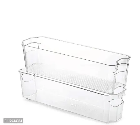 HOLLIO Food Storage Container with Handle Stackable Acrylic Fridge Organiser Sturdy Pantry And Refrigerator Storage Bins With Handles Fridge Containers| Pack of 02 (Narrow)