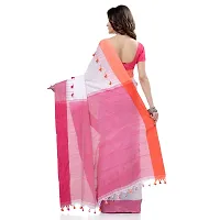 dB DESH BIDESH Women`s Traditional Bengal Handloom Tant Pure Cotton Saree Pompom Desigined With Blouse Piece (White Pink)-thumb1