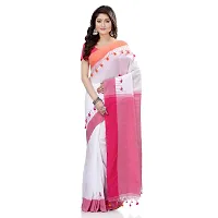 dB DESH BIDESH Women`s Traditional Bengal Handloom Tant Pure Cotton Saree Pompom Desigined With Blouse Piece (White Pink)-thumb3