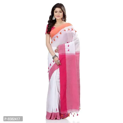 dB DESH BIDESH Women`s Traditional Bengal Handloom Tant Pure Cotton Saree Pompom Desigined With Blouse Piece (White Pink)-thumb4