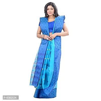 dB DESH BIDESH Women`s Pure Cotton Traditional Handloom Ganga Jamuna Zori Design Bengal Tant Saree Without Blouse Pcs (Blue)