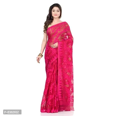 Bengal Cotton Tant Women`s Bengal Handloom Tant Soft Dhakai Jamdani Cotton Saree Whole Body Design (DEEP PINK)-thumb0