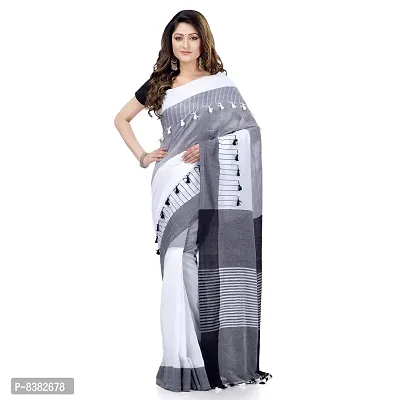 dB DESH BIDESH Women`s Traditional Bengali Handloom Tant Pure Cotton Saree Pompom Desigined With Blouse Piece (Light Black Grey White)-thumb5