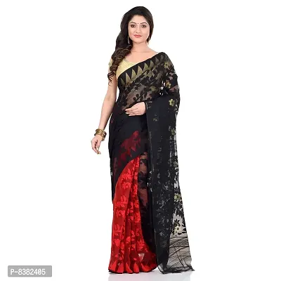 dB Desh Bidesh Women`s Bengal Handloom Tant Soft Dhakai Jamdani Cotton Saree Whole Body Design Without Blouse Piece (Red Black)-thumb0