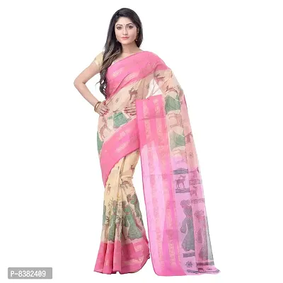 dB DESH BIDESH Women's Shakuntala Design Printed Tant Handloom Pure Cotton Saree Without Blouse Piece (Pink  Off-White)-thumb0