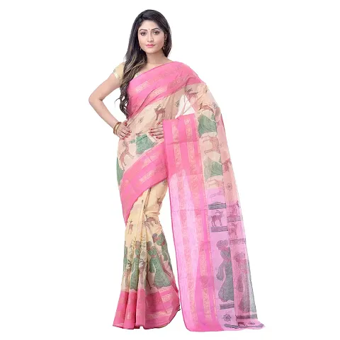 dB DESH BIDESH Women's Shakuntala Design Printed Tant Handloom Pure Cotton Saree Without Blouse Piece