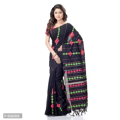 dB DESH BIDESH Women`s Bengali Khesh Pure Cotton Handloom Saree Diamond Designed With Blouse Piece(Black)