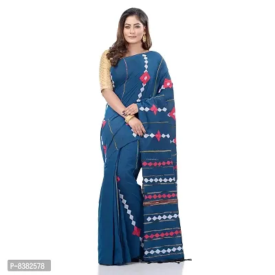 dB DESH BIDESH Women`s Bengali Khesh Mul Pure Cotton Handloom Saree With Blouse Piece (Prussian Blue)