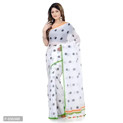 Bengal Cotton Tant Women`s Traditional Hand Woven Malmal Bengal Handloom Pure Cotton Saree Without Blouse Piece (White Orange Green)-thumb2