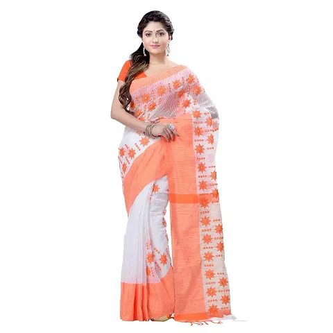 Bengal Tant Women`s Bengali Tant Traditional Khadi Pure Handloom Saree Star Design With Blouse Piece (ORANGE)