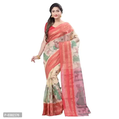 dB DESH BIDESH Women's Shakuntala Design Printed Tant Handloom Pure Cotton Saree Without Blouse Piece (Red Off-White)