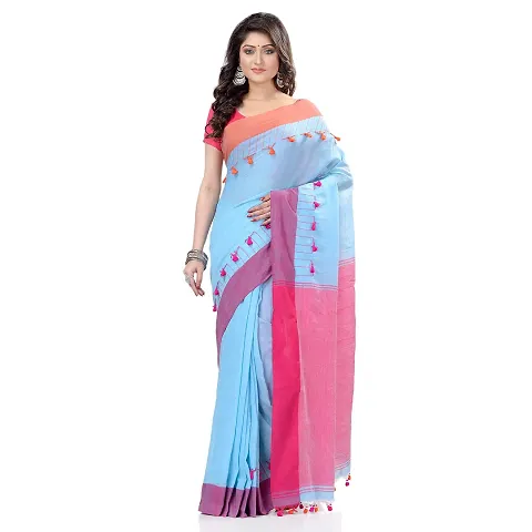 Bengal Tant Women`s Traditional Bengal Tant Woven RaniSaheba Design Pure Handloom Saree Without Blouse Piece (Pink) (PINK BLUE)