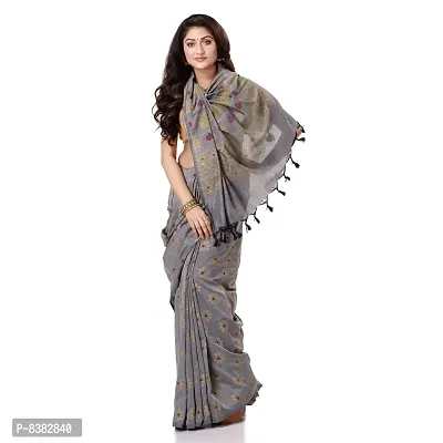 Bengal Cotton Women`s Bengal Tant Abhra Fabric Design Pure Cotton Handloom Saree With Blouse Piece (Grey)