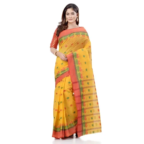 dB DESH BIDESH Women`s Traditional Bengali Tant Lotus Design Pure Handloom Cotton Saree Without Blouse Piece