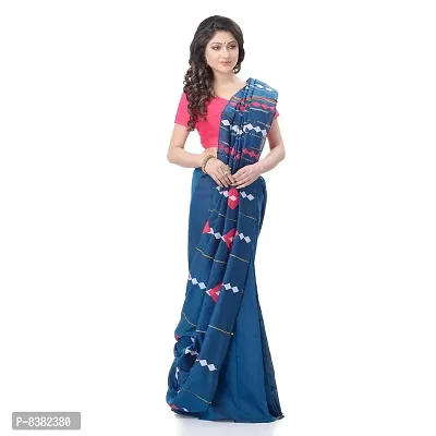 Bengal Cotton Women`s Bengali Khesh Pure Cotton Handloom Saree Diamond Designed With Blouse Piece(Prussian Blue)