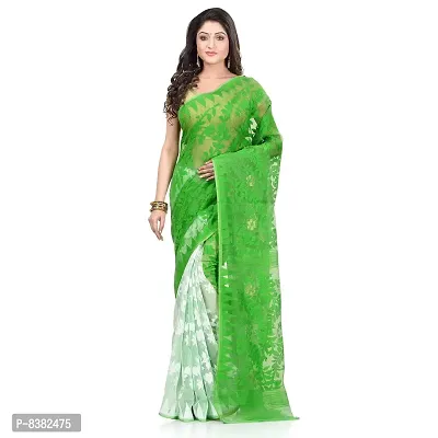 Bengal Cotton Tant Women`s Bengal Handloom Tant Soft Dhakai Jamdani Cotton Saree Whole Body Design (GREEN WHITE)