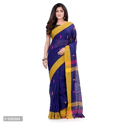 dB DESH BIDESH Women`s Traditional Bengali Tant Handloom Cotton Saree Prism Desigined With Blouse Piece (Deep Blue)