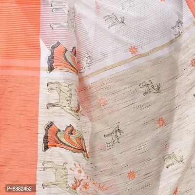 Bengal Cotton Tant Women's Traditional Bengali Khadi Cotton Handloom Sakuntala Tant Saree with Blouse Piece (Orange White)-thumb5