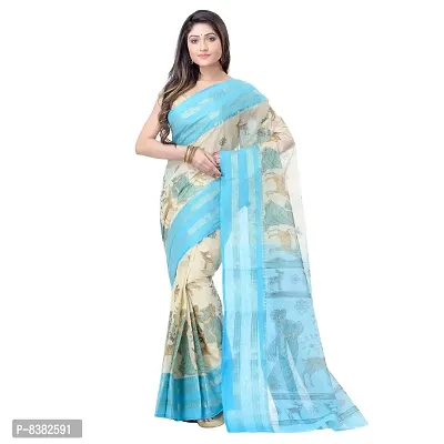 dB DESH BIDESH Women's Shakuntala Design Printed Tant Handloom Pure Cotton Saree Without Blouse Piece (Sky Blue Off-White)