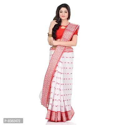 dB DESH BIDESH Women`s Traditional Bengal Tant Woven LalPaarSadaSari Design Pure Handloom Cotton Saree Without Blouse Piece (Red White)