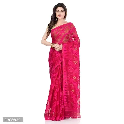 Bengal Cotton Tant Women`s Bengal Handloom Tant Soft Dhakai Jamdani Cotton Saree Whole Body Design (DEEP PINK)-thumb2