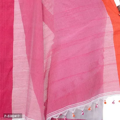 dB DESH BIDESH Women`s Traditional Bengal Handloom Tant Pure Cotton Saree Pompom Desigined With Blouse Piece (White Pink)-thumb5