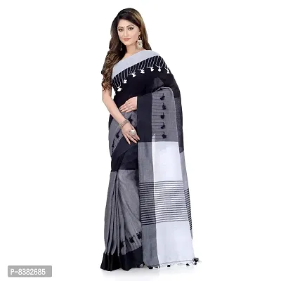 dB DESH BIDESH Women`s Traditional Bengal Handloom Tant Pure Cotton Saree Pompom Desigined With Blouse Piece (Deep Black Grey White)